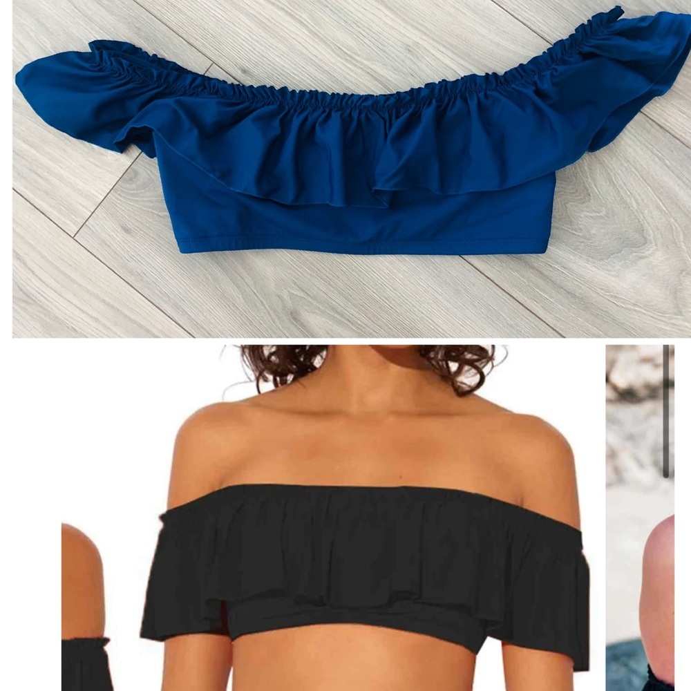 Bleu Rod Beattie Off the Shoulder Ruffle Flounce Bikini Top Navy Blue 6